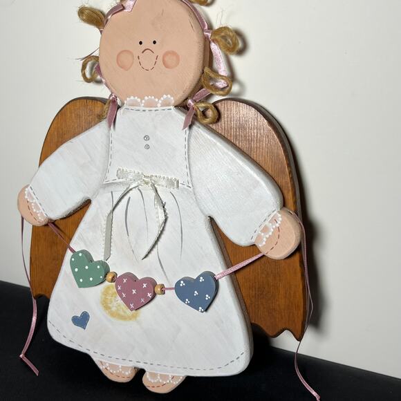 Handmade Wooden Angel Wall Hanging Folk Art Decor Hearts Garland 13" - Picture 5 of 8
